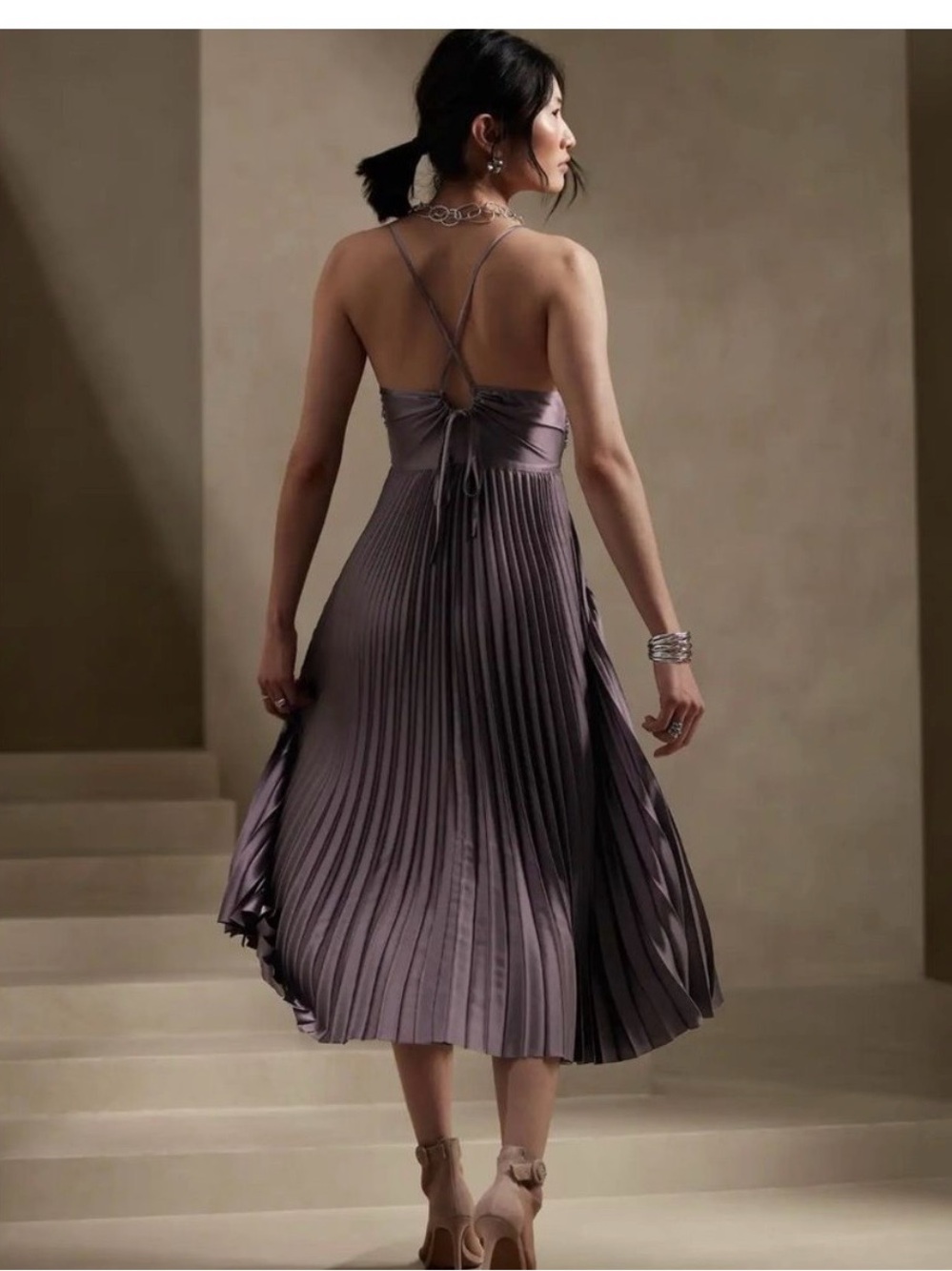 Banana Republic Solaire Purple silver Pleated Spaghetti-Strap Midi Dress